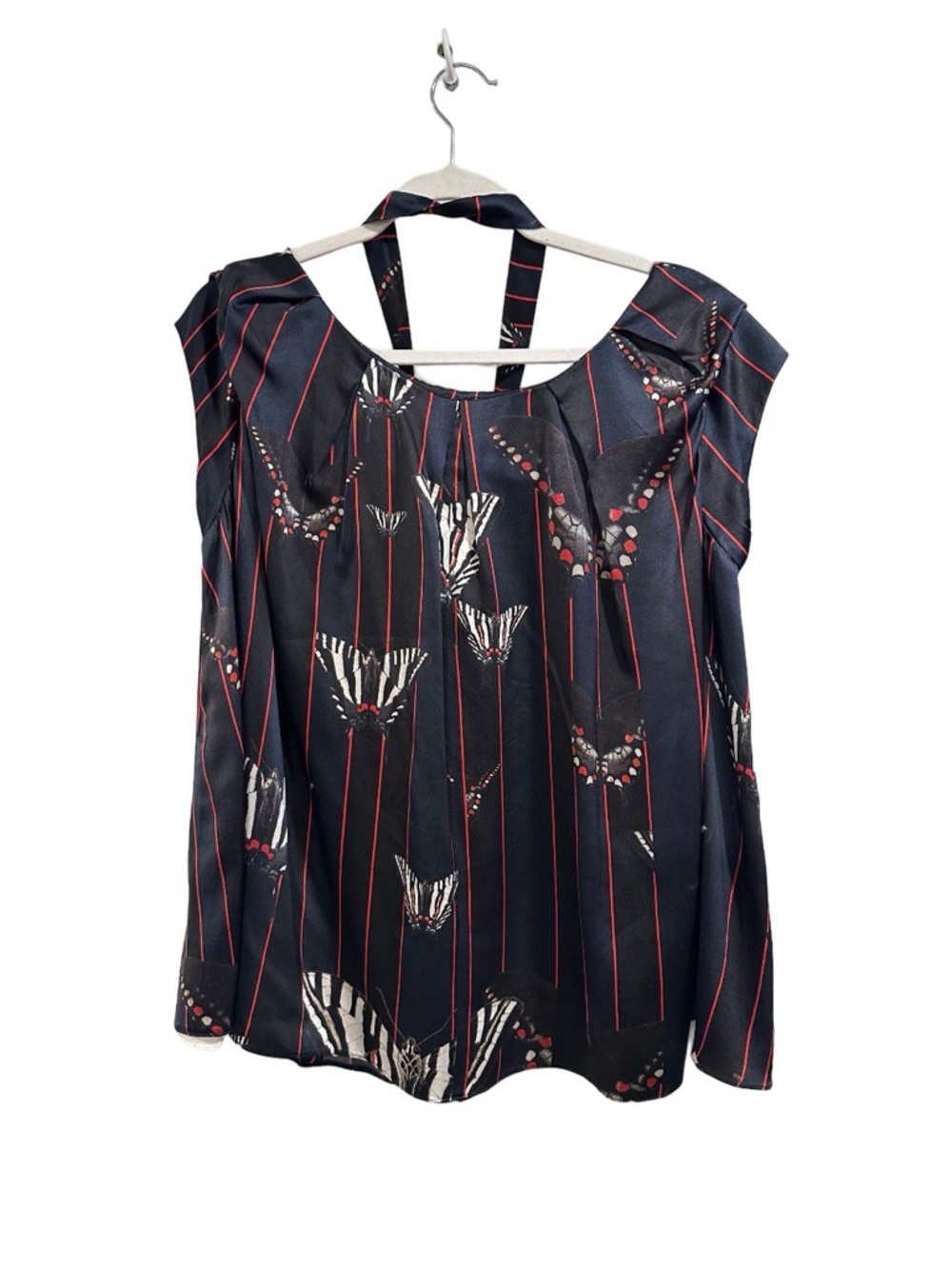 Vintage ERDEM Navy Black Red Stripes Peplum Top Butterflies 100%Silk US 6 EUC - Picture 7 of 16